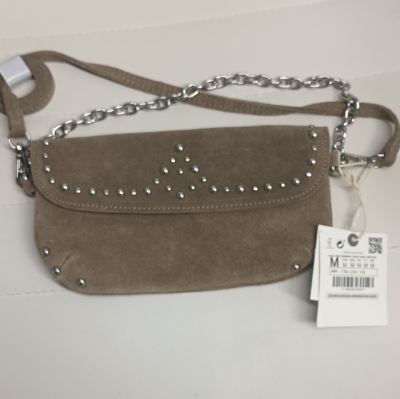 Zara Handbags - Zara Tan Suede Clutch with Silver Studs